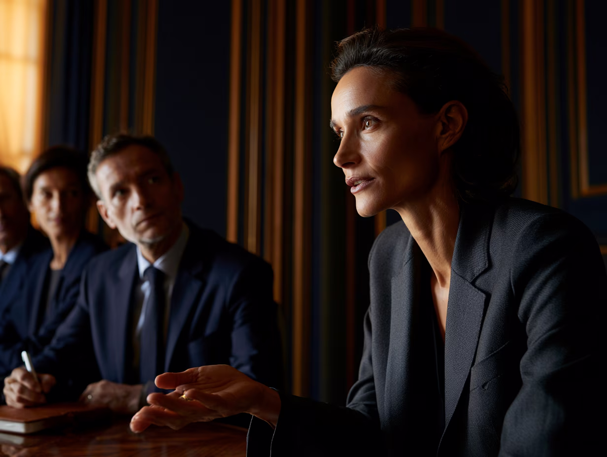 Dirigeante en pleine restitution avec son équipe, scène évoquant l'engagement de la personne évaluée dans le processus